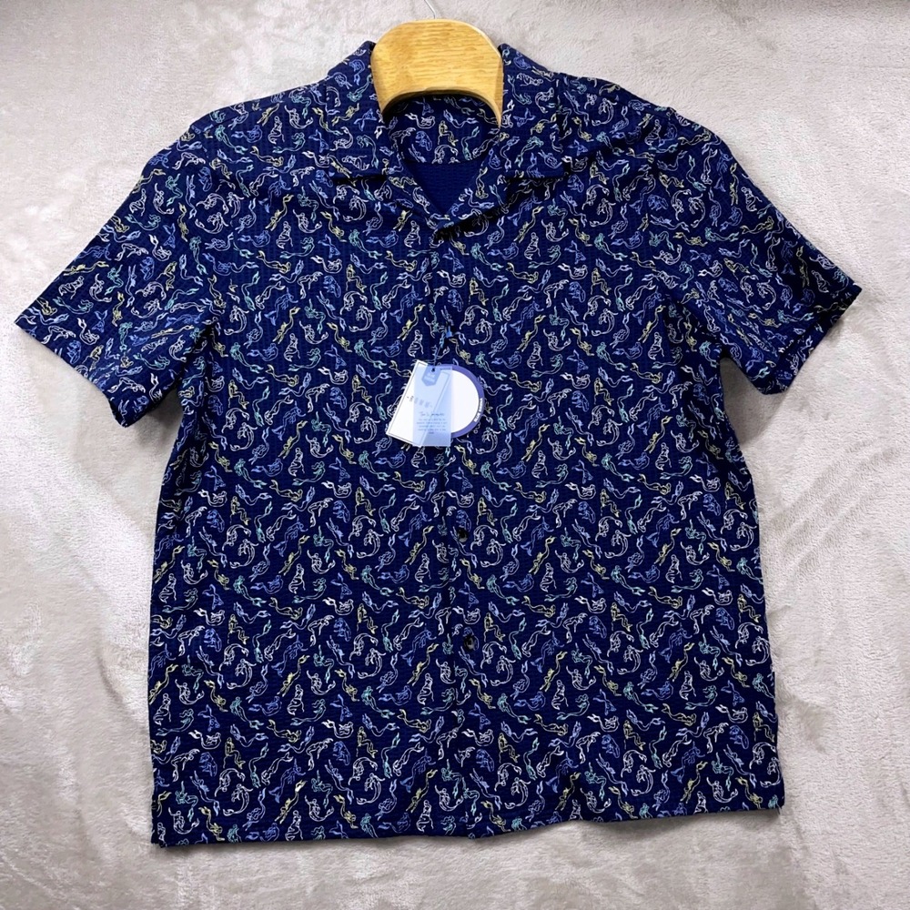 ROWM Polo‎ Shirt Mens XL Blue Mermaid Print Stretch Knit Nautical Weekender